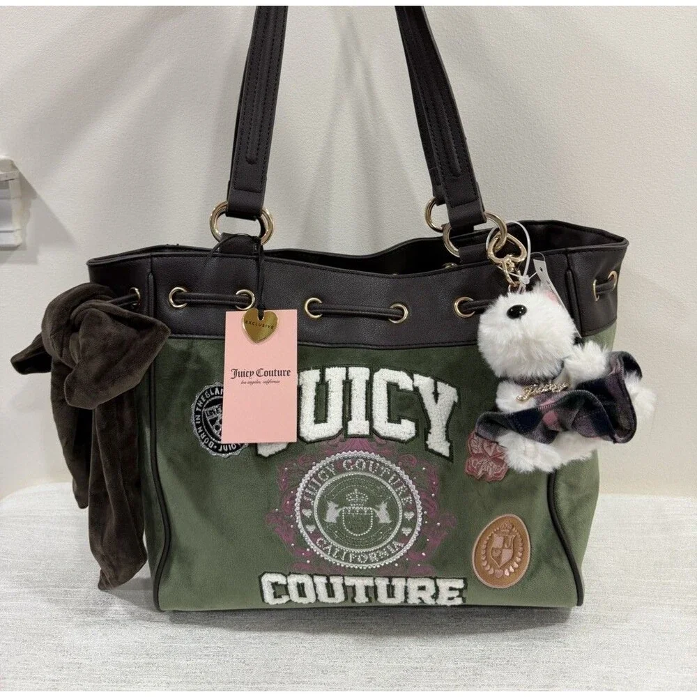 Juicy Couture Varsity Tote Bag Super Greens Velour Scottie Dog Charm NWT